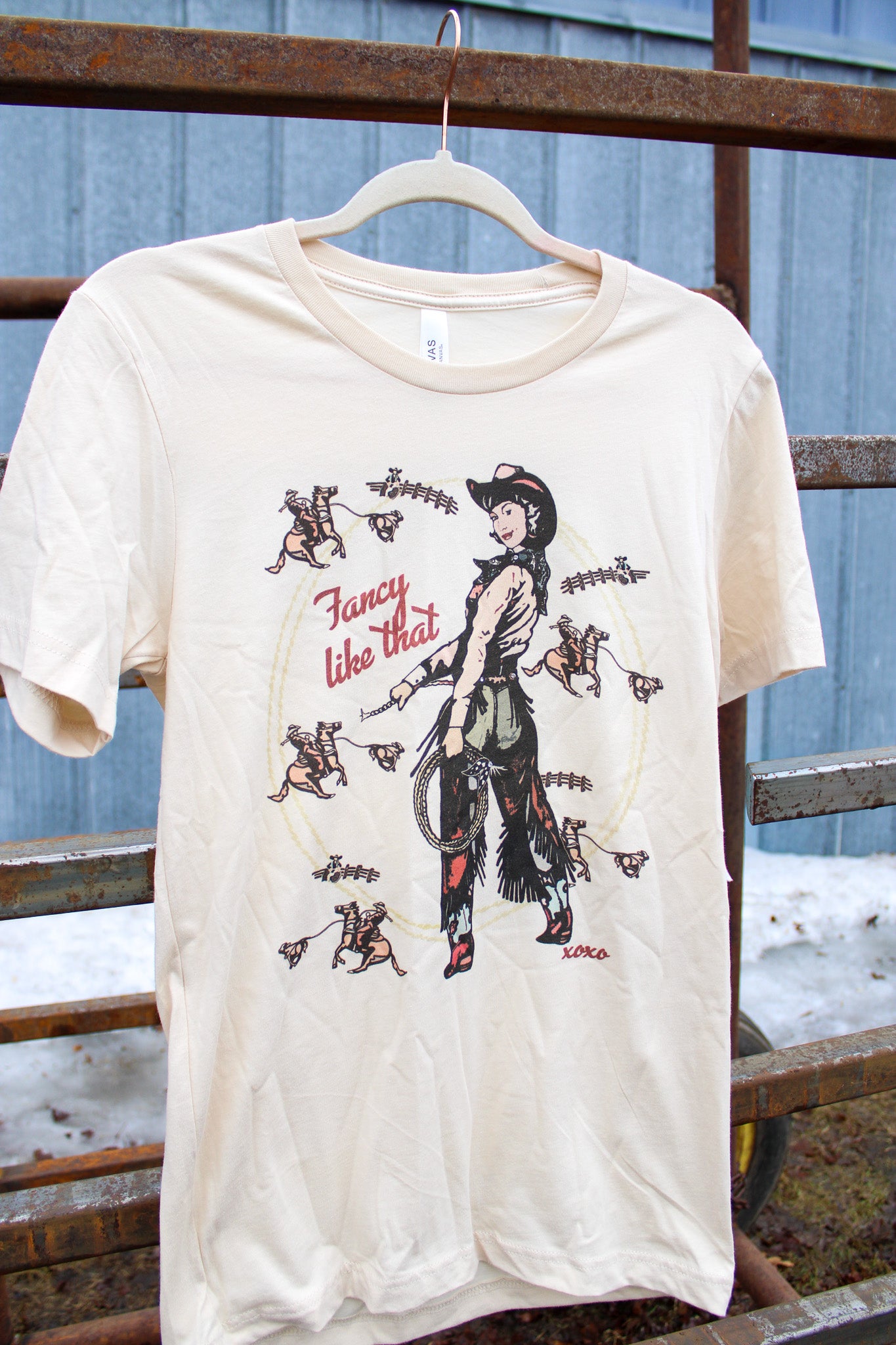 Fancy Like that tee cream colored with vintage cowgirl design