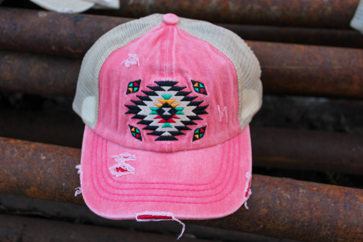 C.C. Distressed Aztec Criss Cross Ponytail Hat - Coral