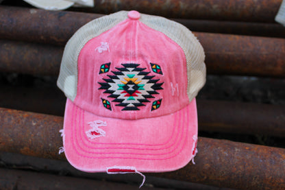C.C. Distressed Aztec Criss Cross Ponytail Hat - Coral