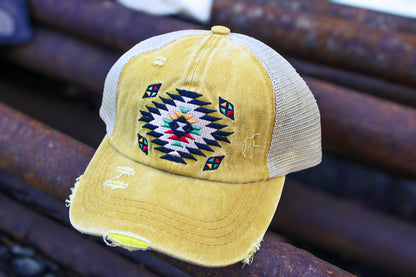 C.C. Distressed Aztec Criss Cross Ponytail Hat - Mustard