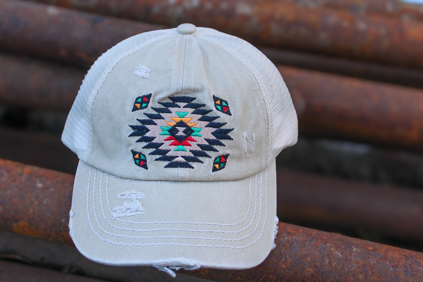 C.C. Distressed Aztec Criss Cross Ponytail Hat - Beige