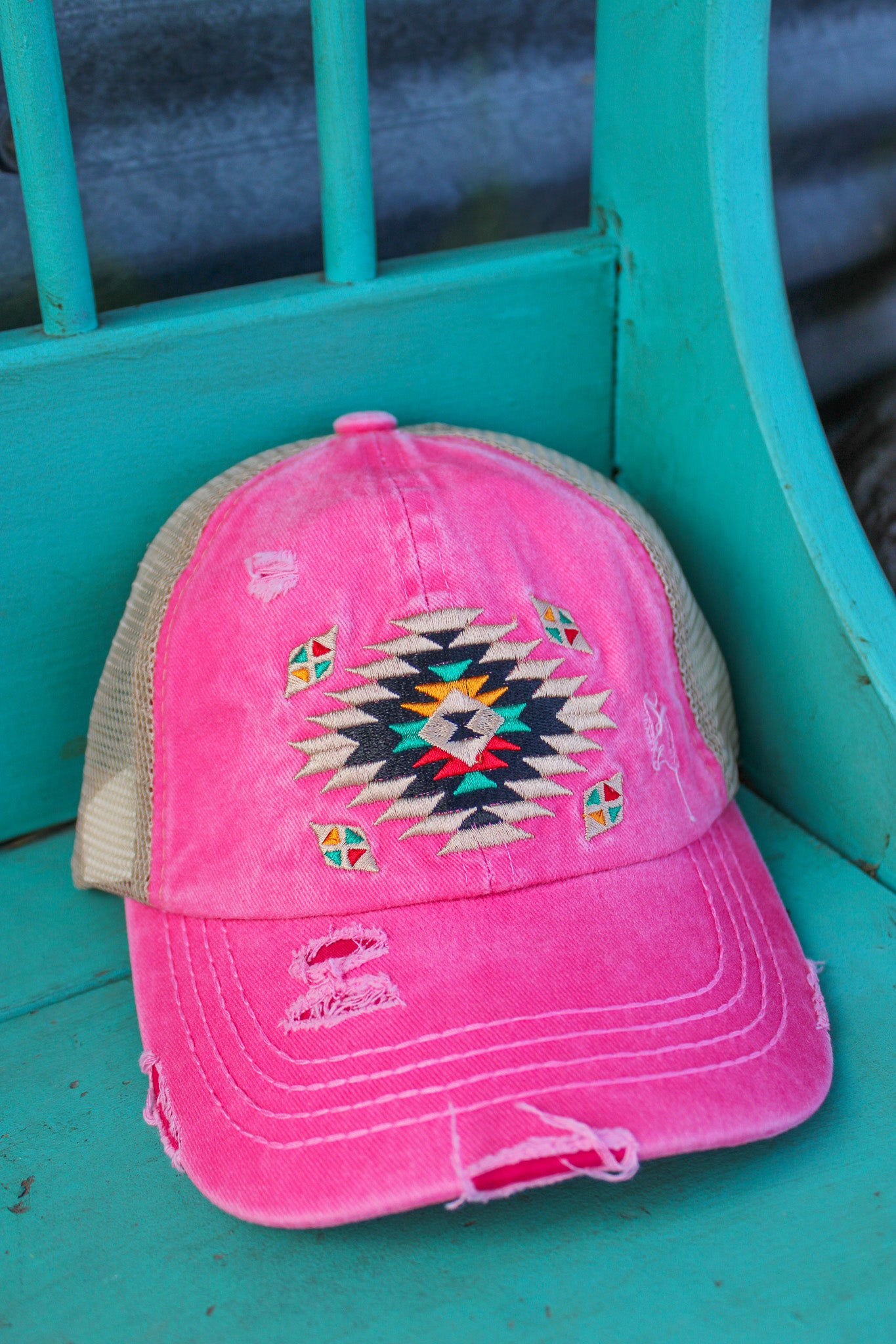 C.C. Distressed Aztec Criss Cross Ponytail Hat - Pink