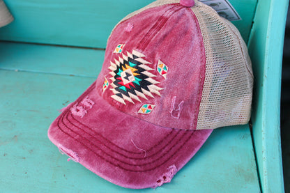 C.C. Distressed Aztec Criss Cross Ponytail Hat - Berry