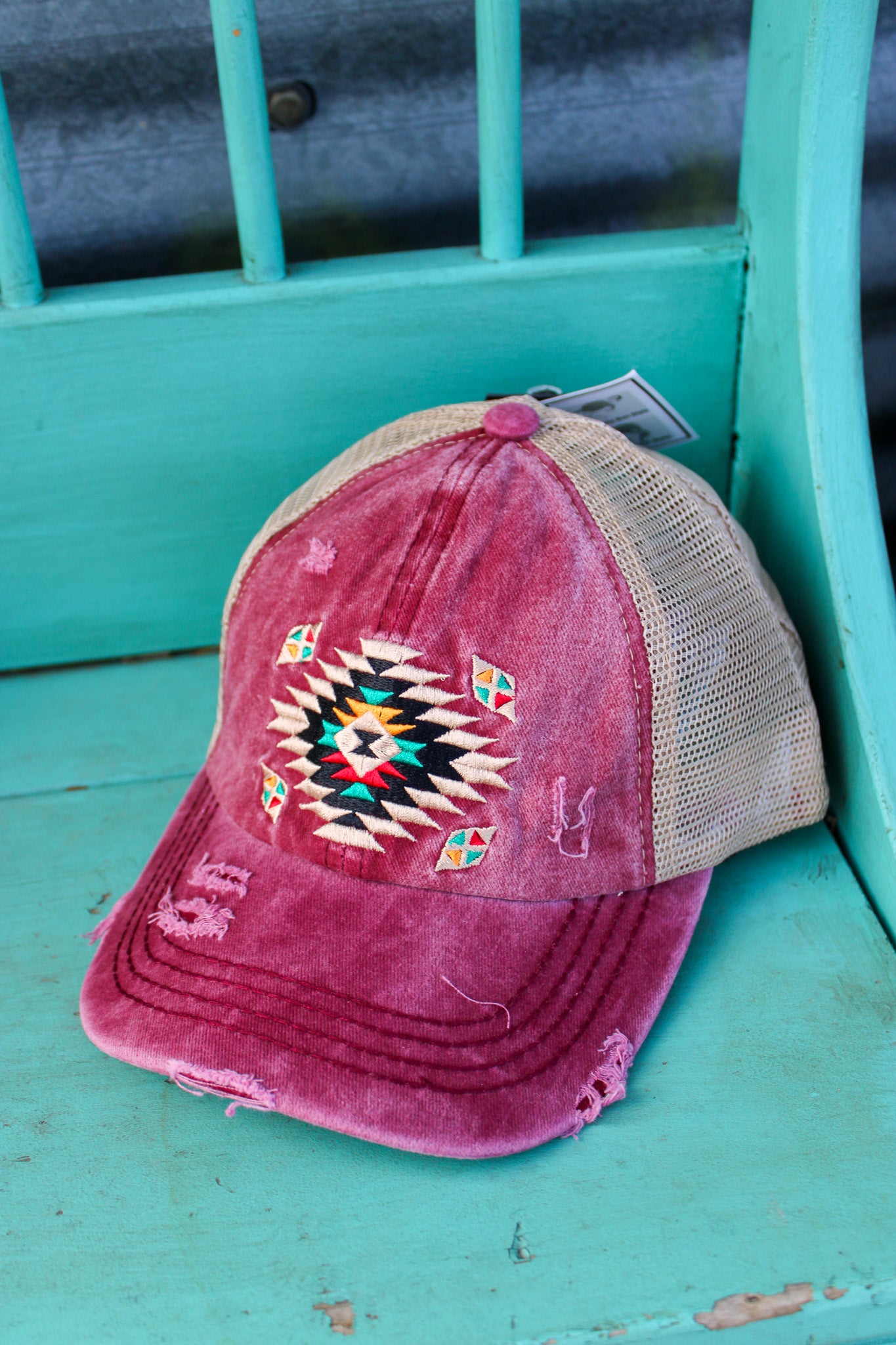 C.C. Distressed Aztec Criss Cross Ponytail Hat - Berry