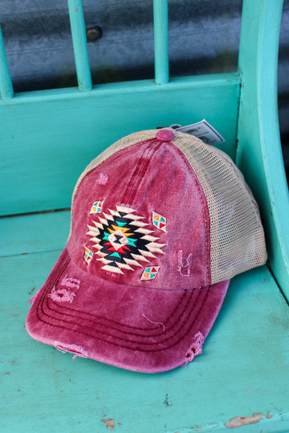 C.C. Distressed Aztec Criss Cross Ponytail Hat - Berry