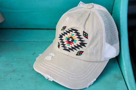 C.C. Distressed Aztec Criss Cross Ponytail Hat - Beige