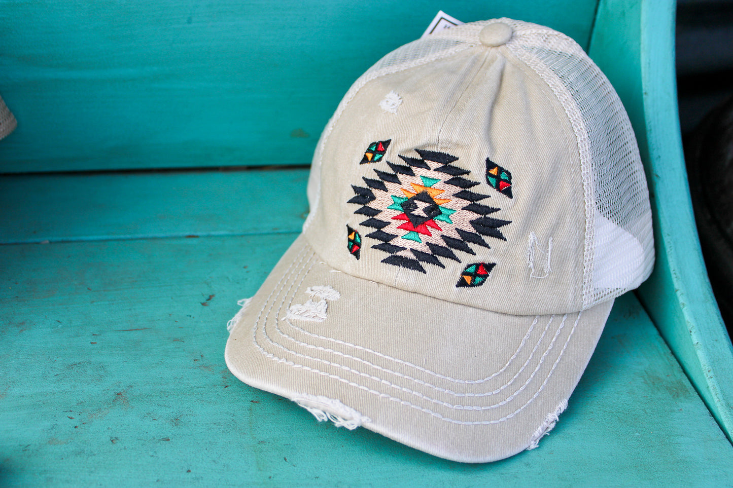 C.C. Distressed Aztec Criss Cross Ponytail Hat - Beige