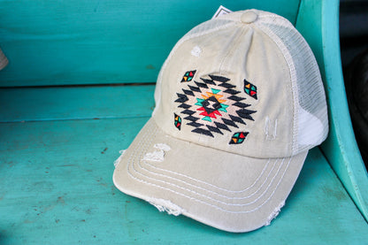 C.C. Distressed Aztec Criss Cross Ponytail Hat - Beige
