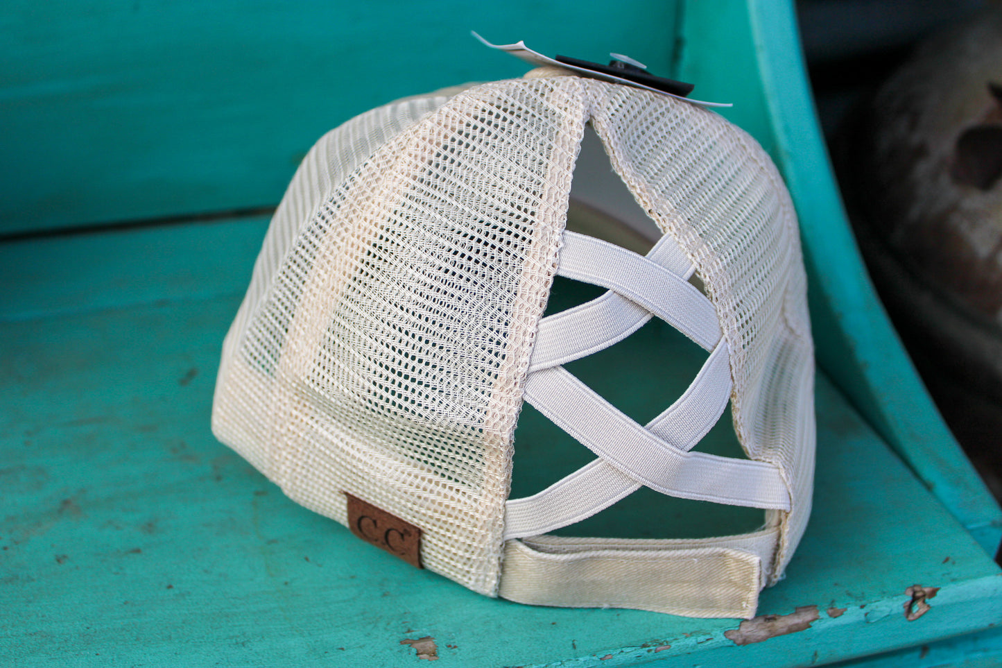 C.C. Distressed Aztec Criss Cross Ponytail Hat - Beige