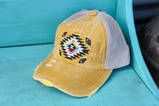 C.C. Distressed Aztec Criss Cross Ponytail Hat - Mustard