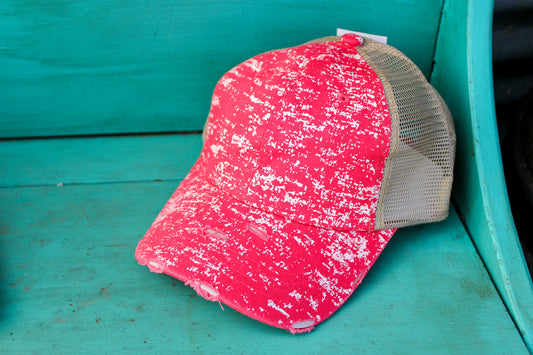 Coral Spatter Baseball Hat with Beige Mesh