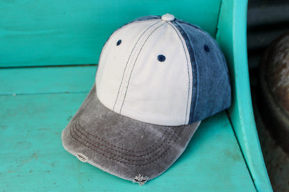 Distressed Tan, Brown and Navy Baseball Hat