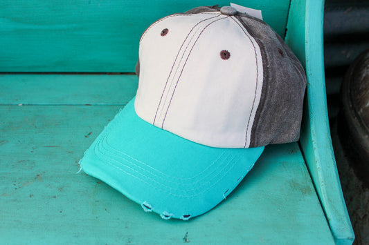 Beige, Brown and Turquoise Distressed Baseball Hat