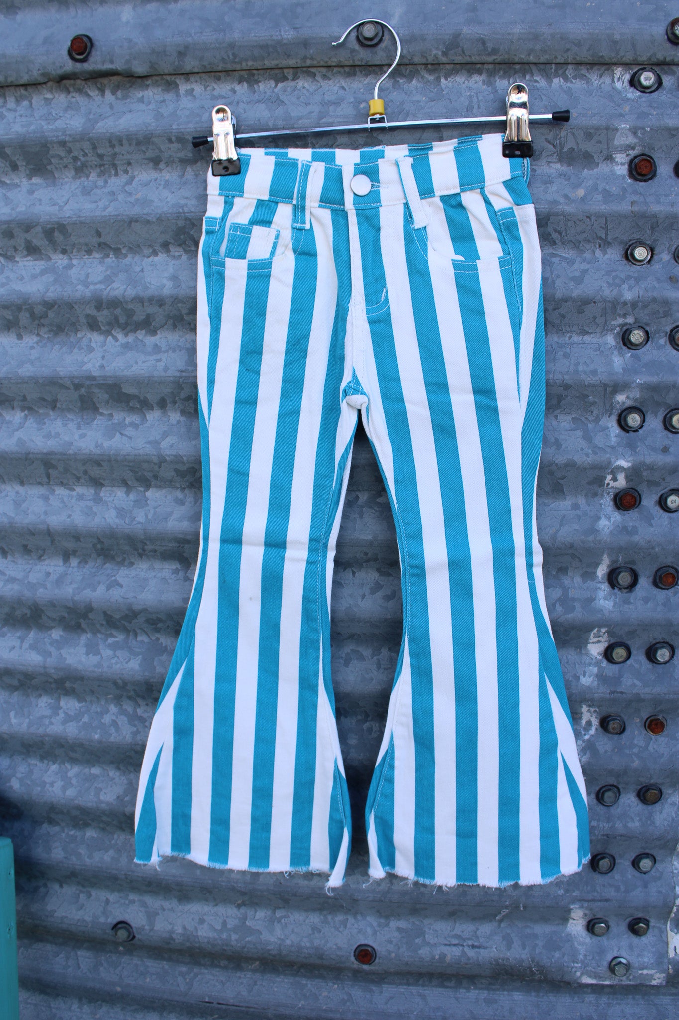 TURQUOISE STRIPE PRINTED BOOTCUT DENIM PANTS