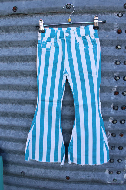 TURQUOISE STRIPE PRINTED BOOTCUT DENIM PANTS