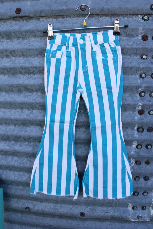 TURQUOISE STRIPE PRINTED BOOTCUT DENIM PANTS