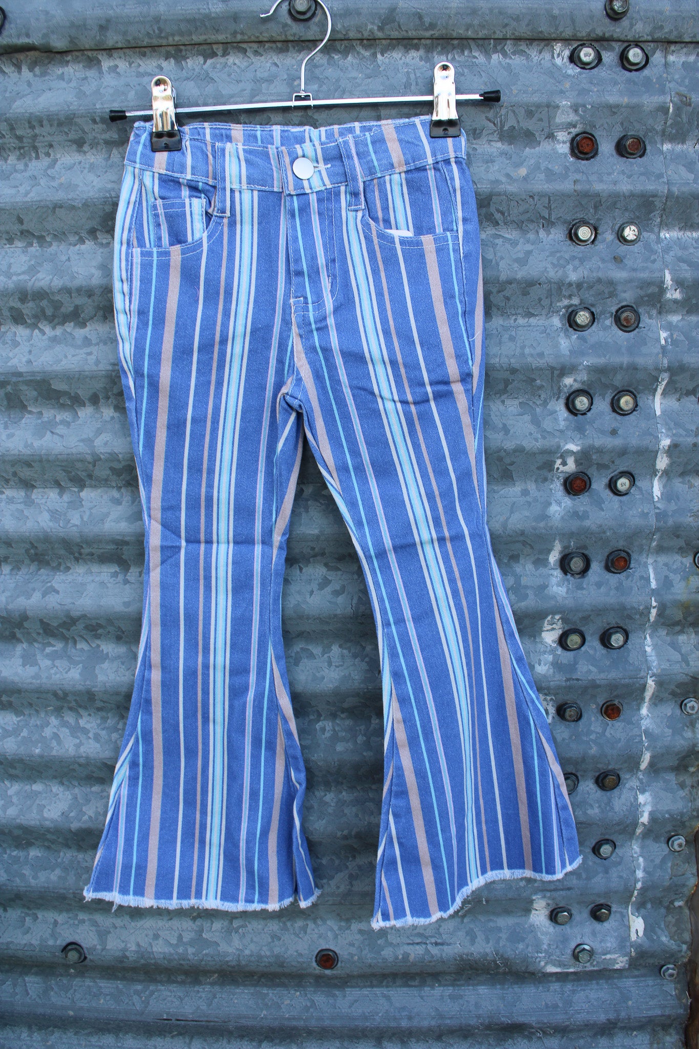 Blue and white striped bell-bottom pants for kids
