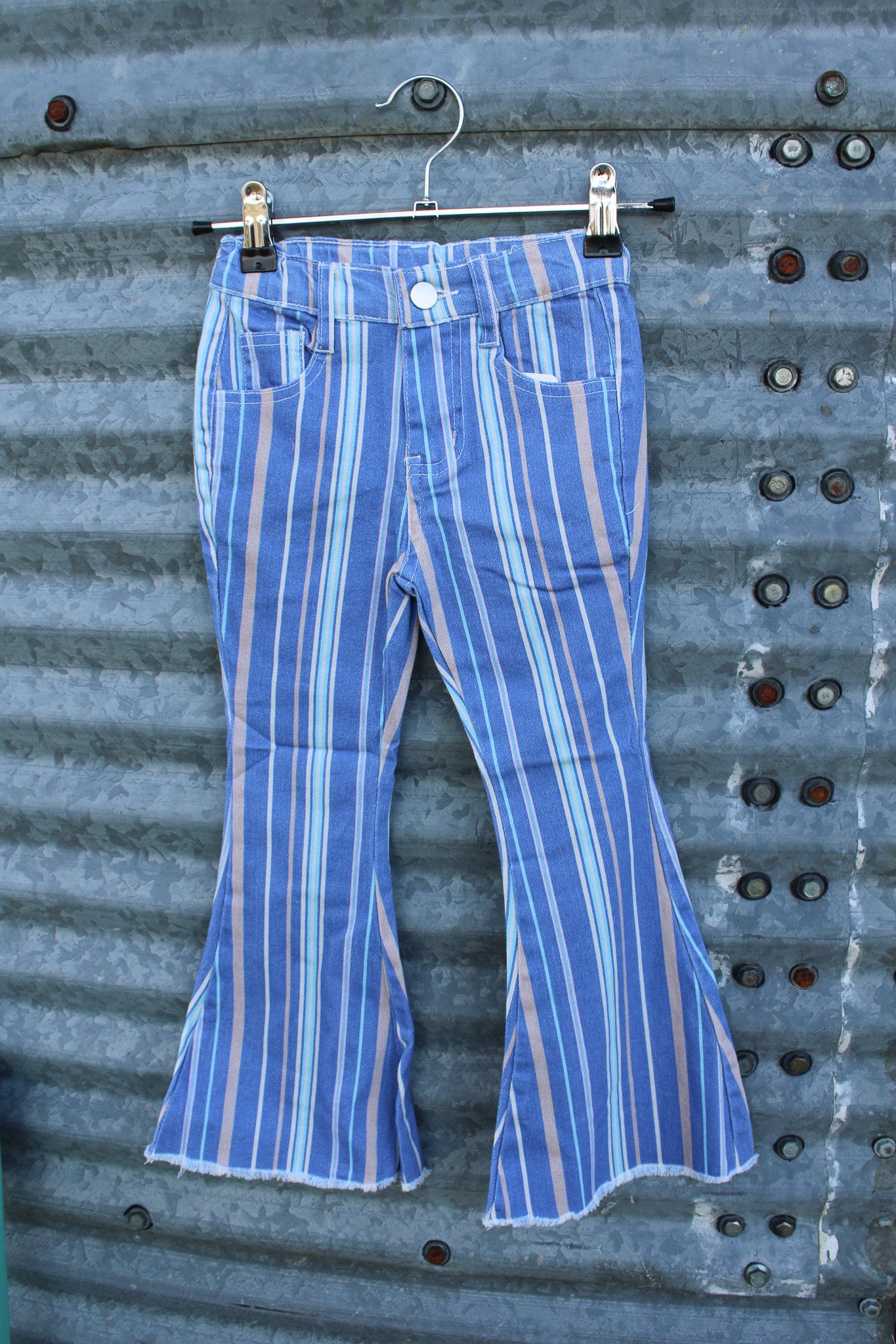 Blue and white striped bell-bottom pants for kids
