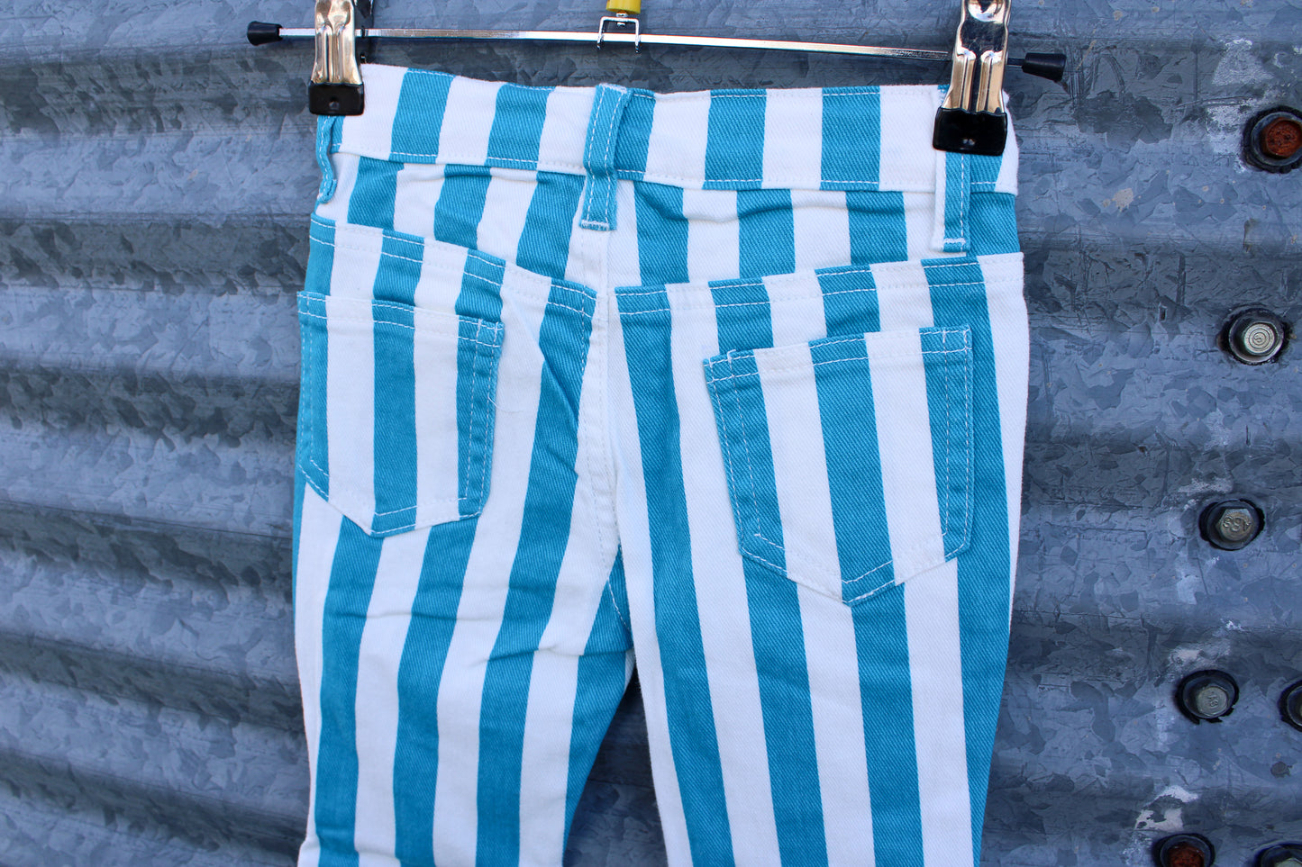 TURQUOISE STRIPE PRINTED BOOTCUT DENIM PANTS