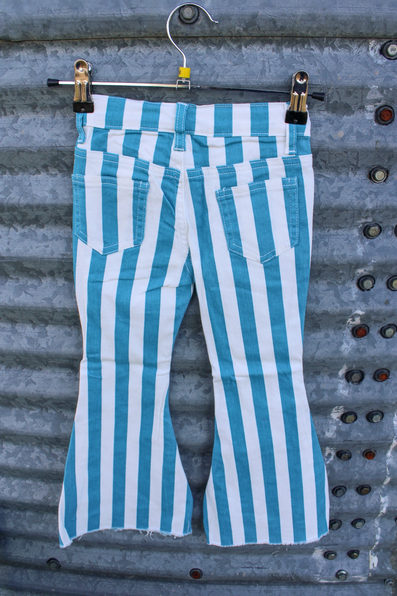 TURQUOISE STRIPE PRINTED BOOTCUT DENIM PANTS
