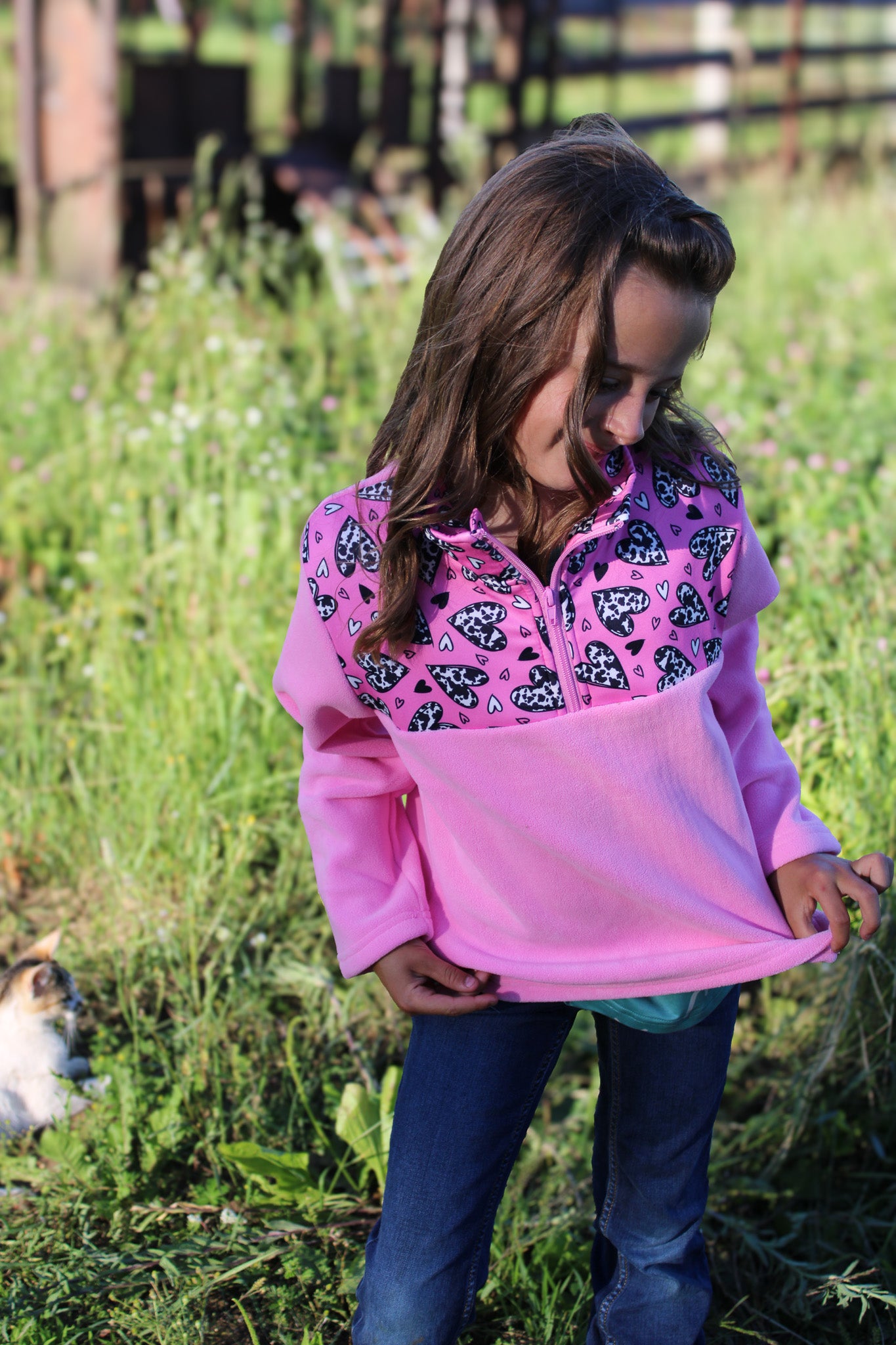Girls Cow Hearts on Pink Pullover