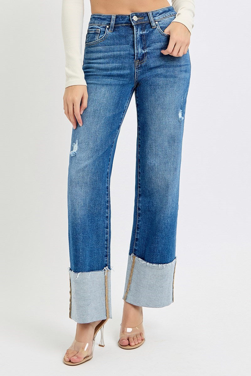 Risen High Rise Wide Leg Cuffed Jeans