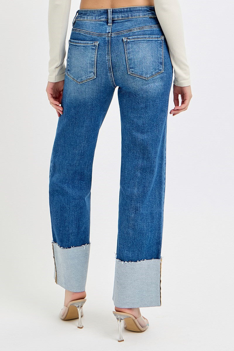 Risen High Rise Wide Leg Cuffed Jeans