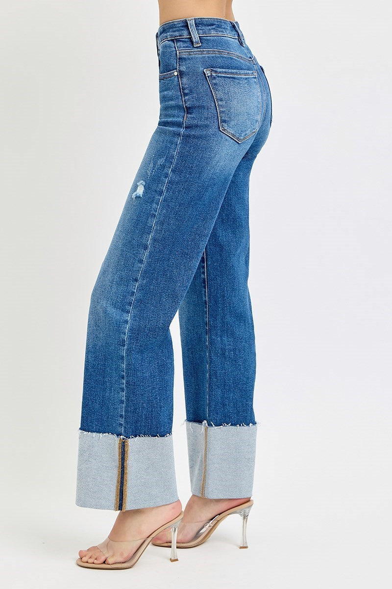 Risen High Rise Wide Leg Cuffed Jeans