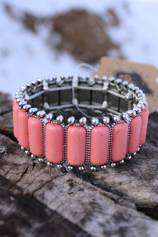 Rectangle stone stretch bracelet- one size fits most - coral stones set in silver backing