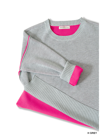 Round Neck Contrast Trim Sweater- Heather Grey/ Hot Pink