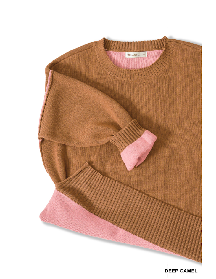 Round Neck Contrast Trim Sweater- Camel/Pink