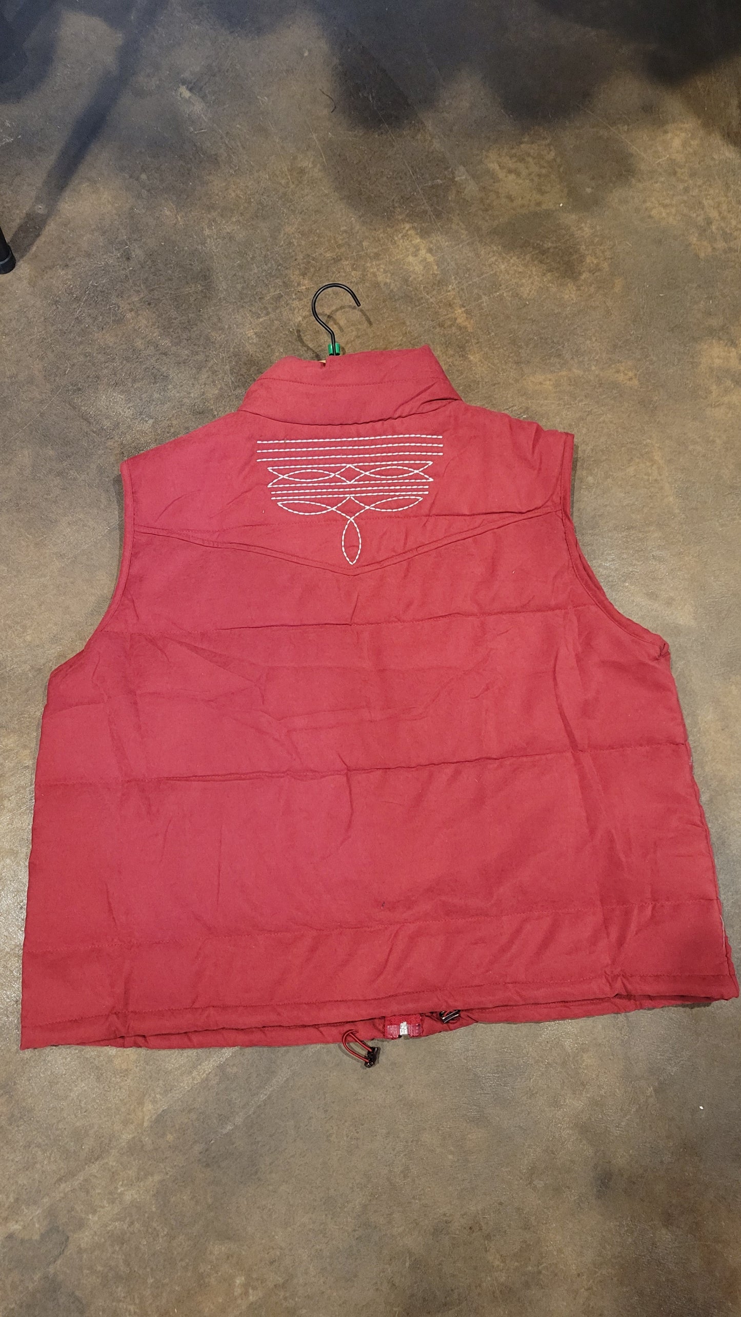 Wine Puffer Vest with Aztec Lining Boot Stitch Detail