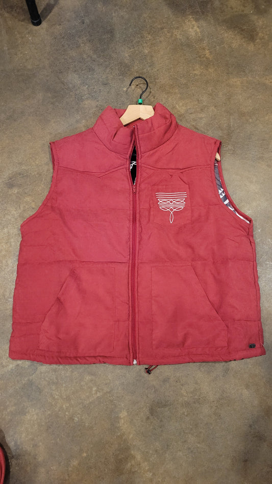 Wine Puffer Vest with Aztec Lining Boot Stitch Detail
