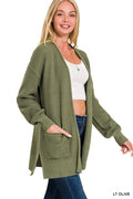 Waffle Knit Sweater Cardigan - Light Olive