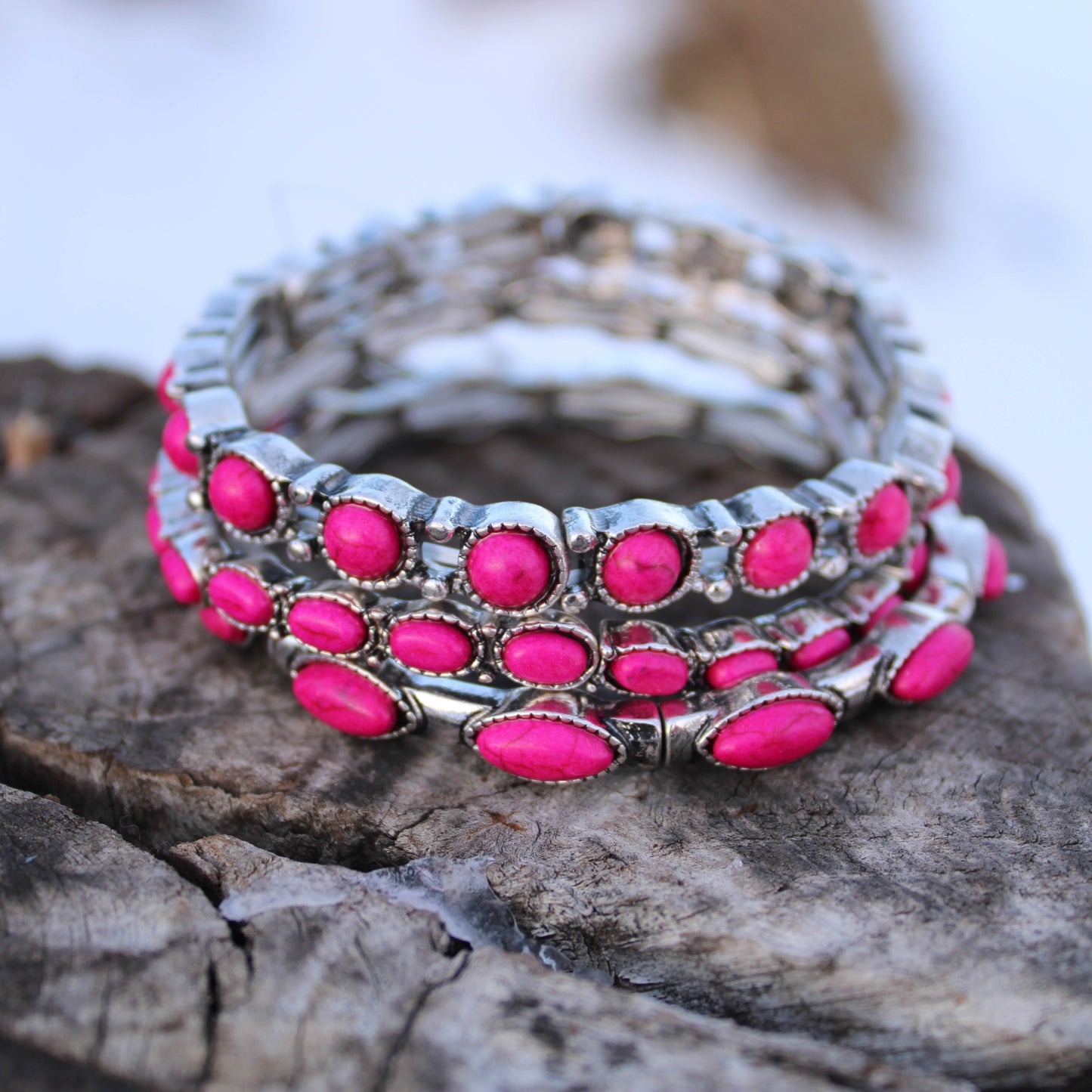 Three Piece Stone Stretch Bracelet - Pink