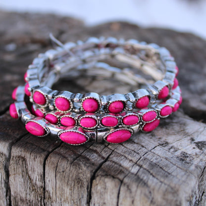 Three Piece Stone Stretch Bracelet - Pink