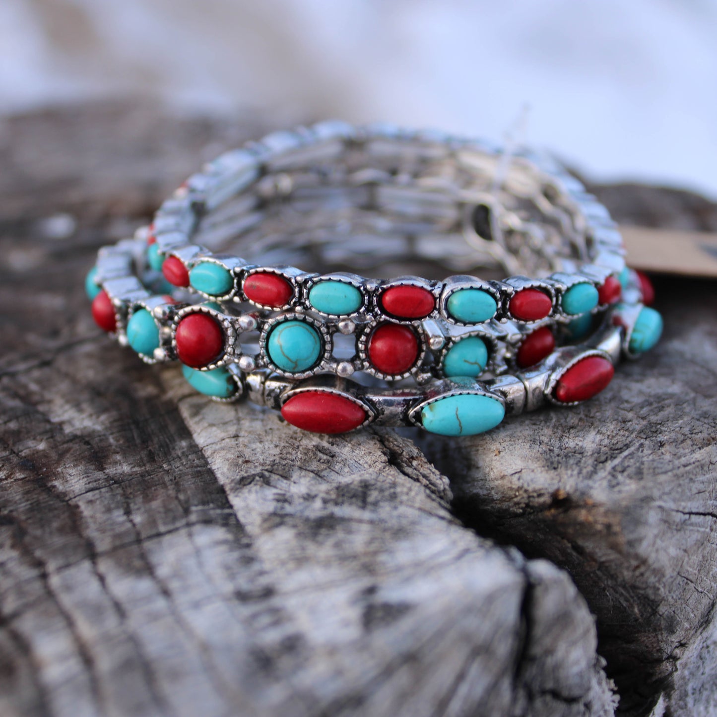 Three Piece Stone Stretch Bracelet - Red/Turquoise