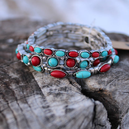 Three Piece Stone Stretch Bracelet - Red/Turquoise