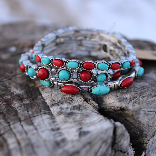 Three Piece Stone Stretch Bracelet - Red/Turquoise