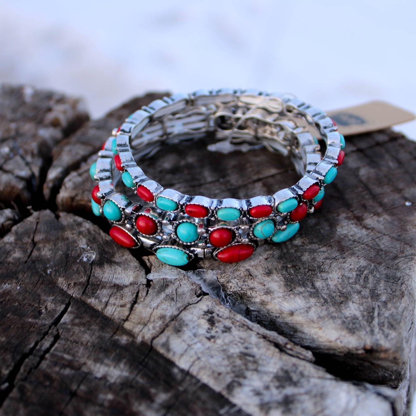 Three Piece Stone Stretch Bracelet - Red/Turquoise