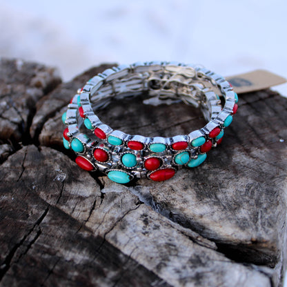 Three Piece Stone Stretch Bracelet - Red/Turquoise