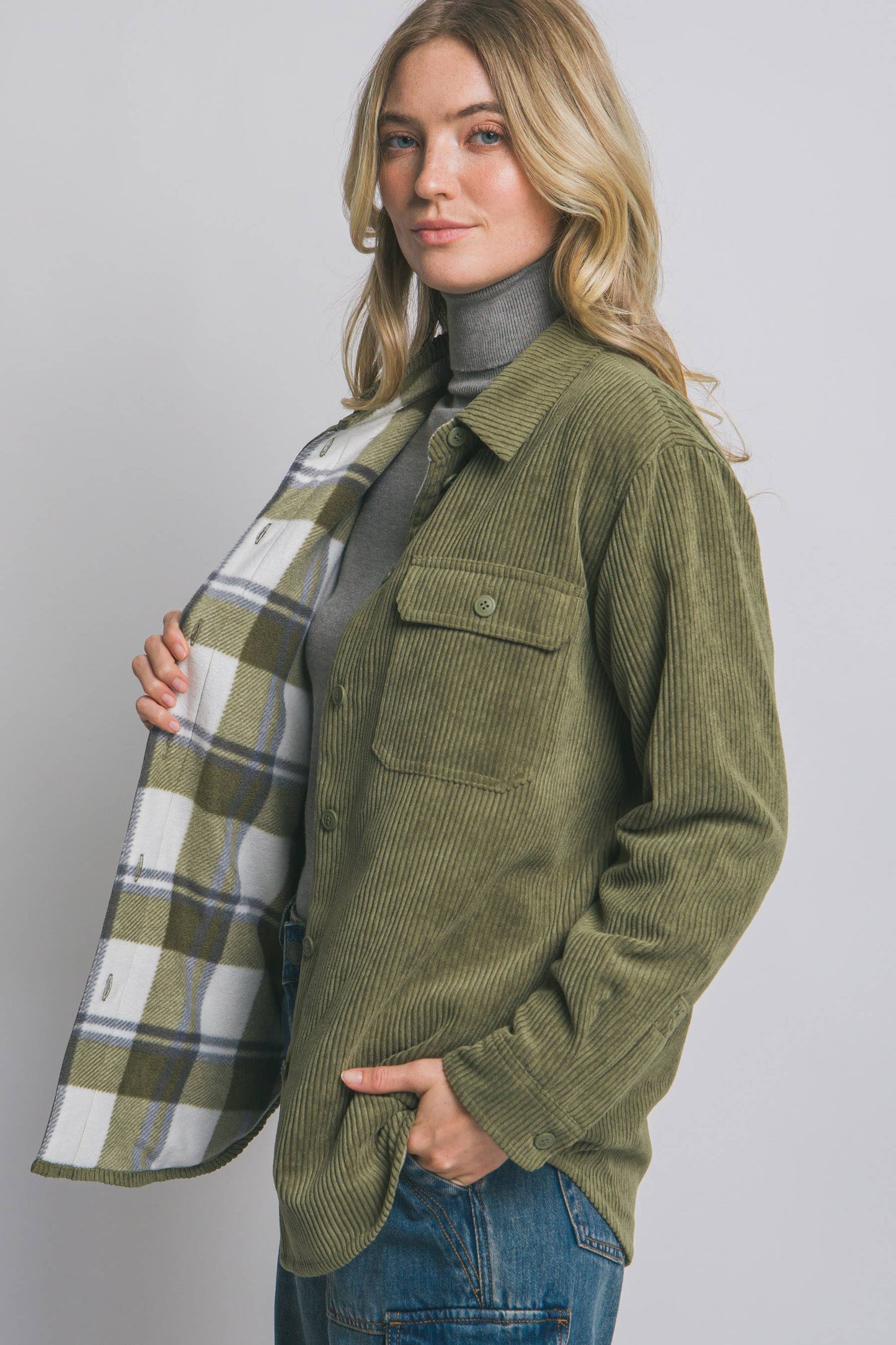 Corduroy Reversible Button Down Jacket - Olive