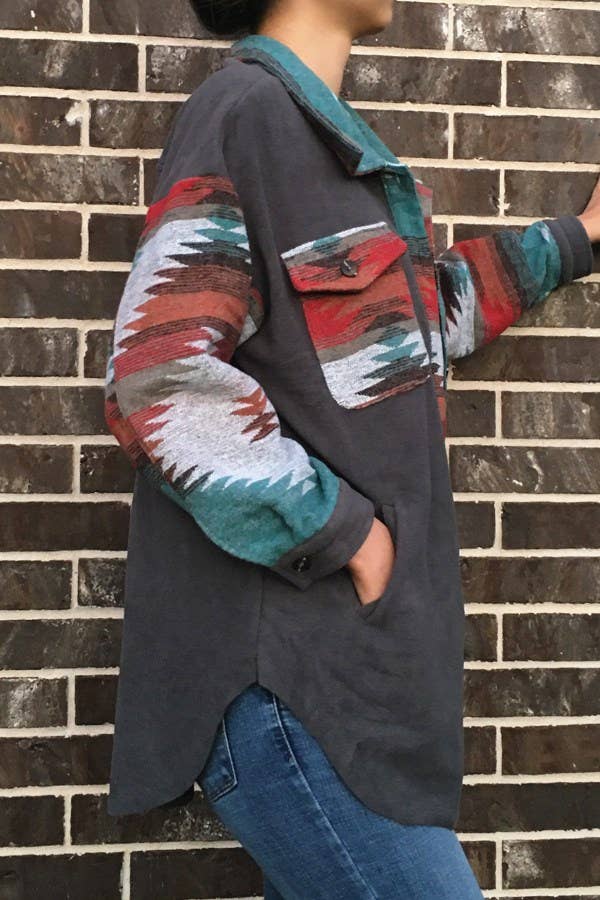 Aztec Print Shacket - Charcoal Gray