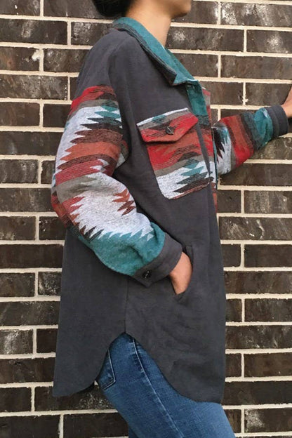 Aztec Print Shacket - Charcoal Gray