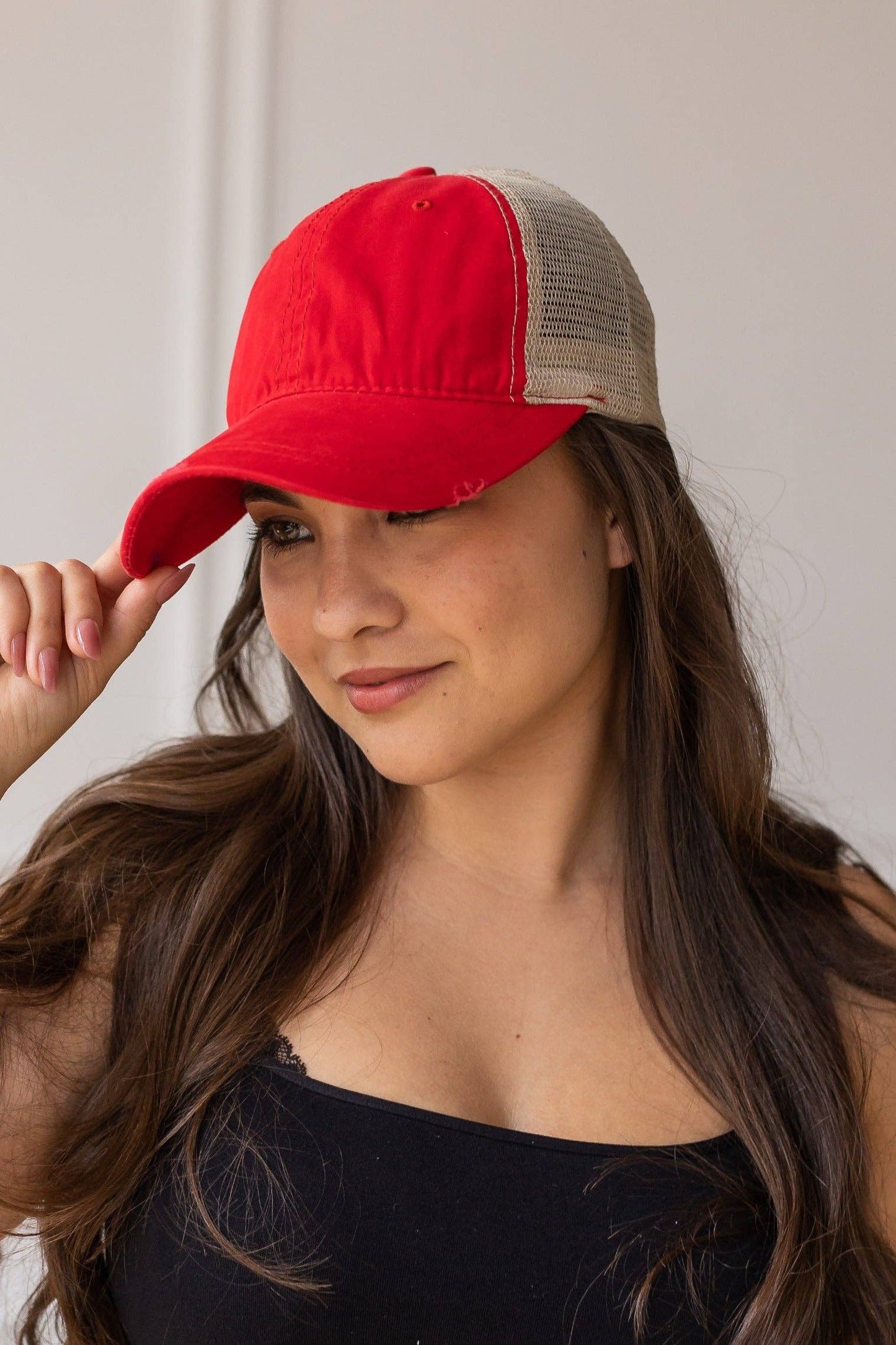Red High Ponytail Baseball Hat with Beige Mesh