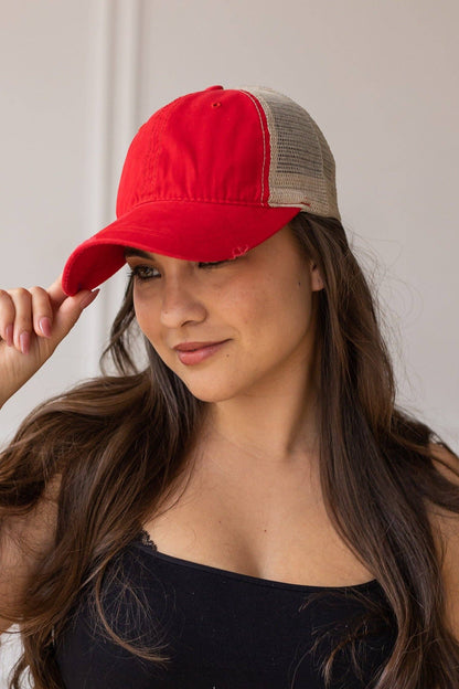 Red High Ponytail Baseball Hat with Beige Mesh