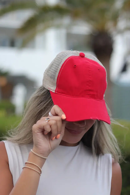 Red High Ponytail Baseball Hat with Beige Mesh