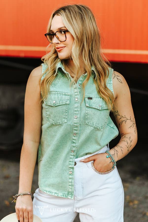Jade Denim Mineral Wash Sleeveless Pearl Snap Top