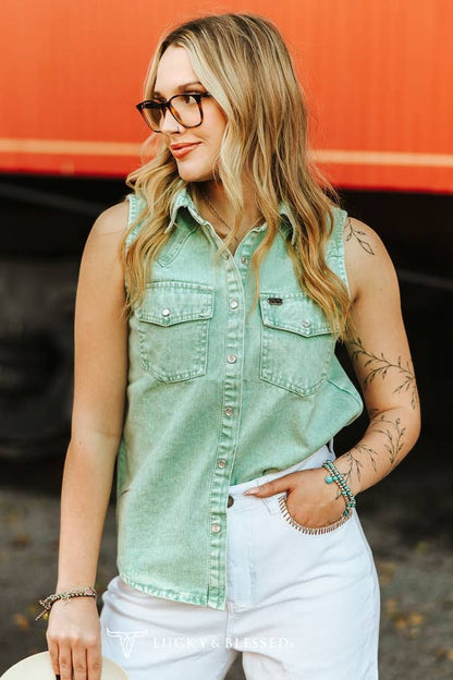 Jade Denim Mineral Wash Sleeveless Pearl Snap Top