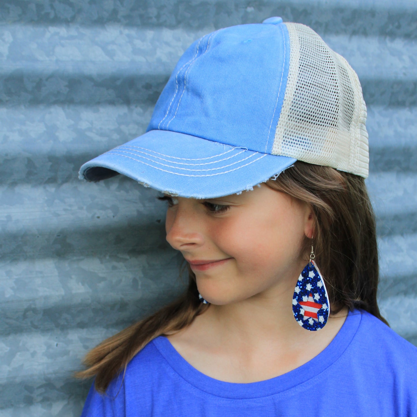 GIRLS Blue Distressed Hat with Mesh